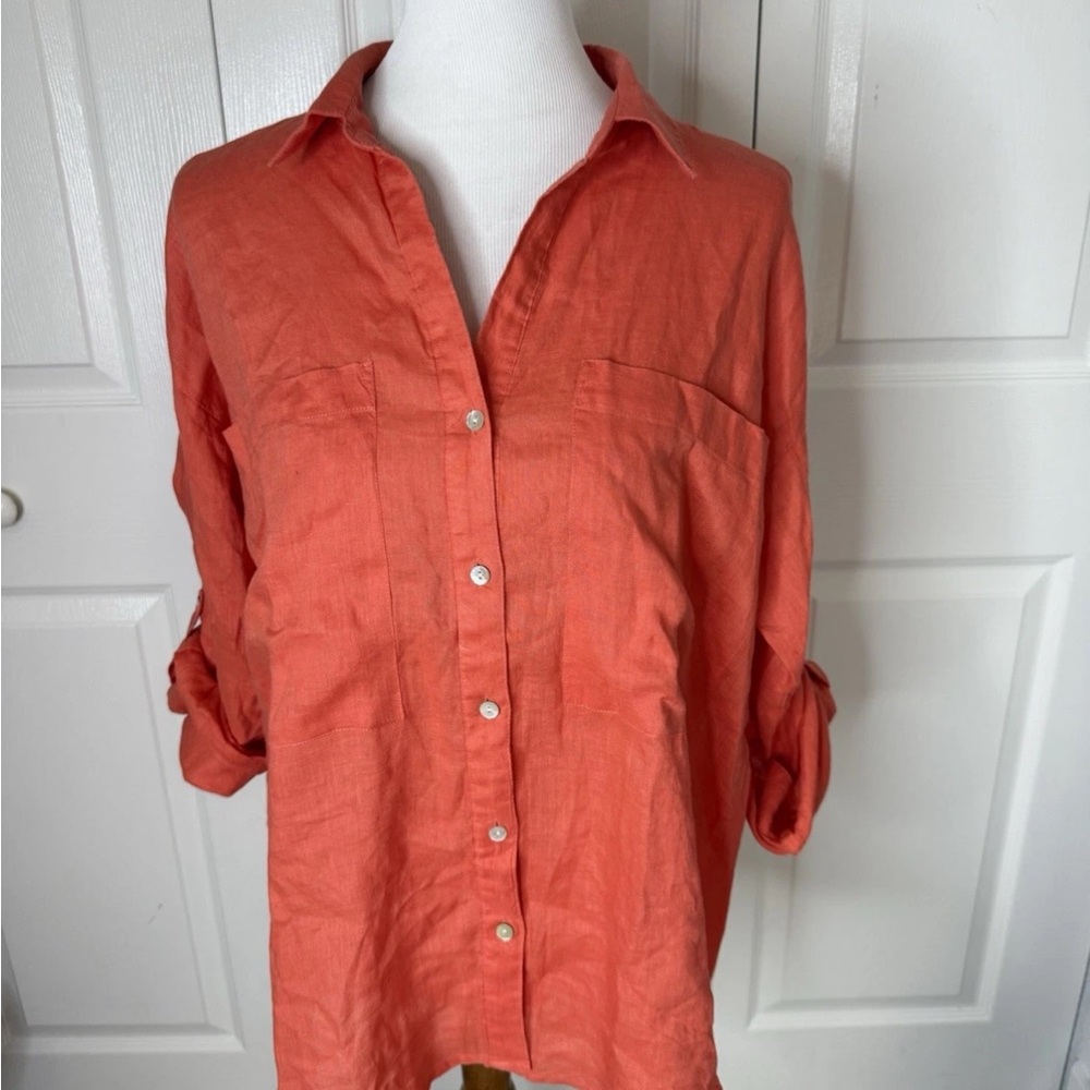 Magaschoni Pink Button‎ Down Roll Tab Sleeve Linen Women's Long Sleeve Top Small